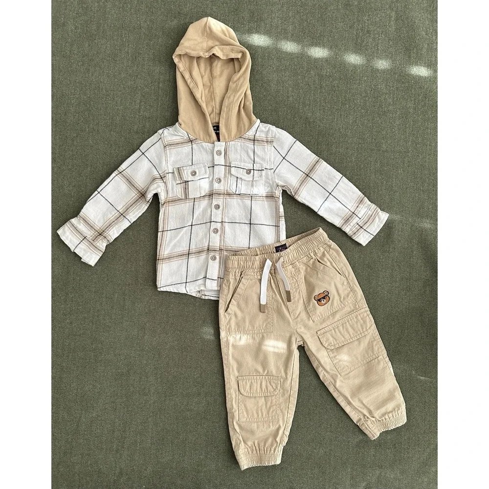 FRIENDZ Beige White Plaid Hoodie & Pants Set 12-18M 2pc Cotton Bear